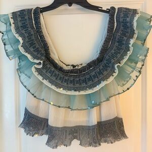 Elegant Ruffled off the shoulders Crop Top in Blue and Cream